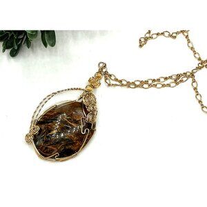 Gold 14kt GF Wire Wrapped Pietersite Pendant Artisan Handmade Gemstone Necklace